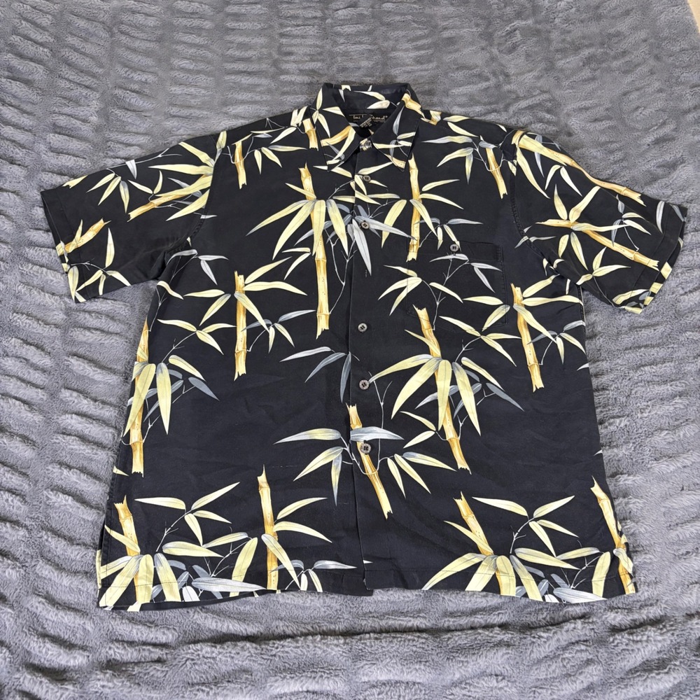 Tori Richard Mens Medium Black Silk Bamboo Print Hawaiian Aloha Shirt AR958